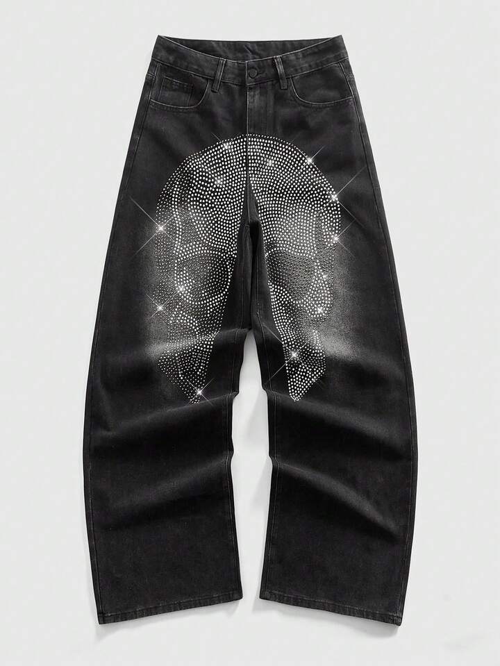 Street Life Men's Street Fashion Rhinestone Skull Loose Fit Jeans