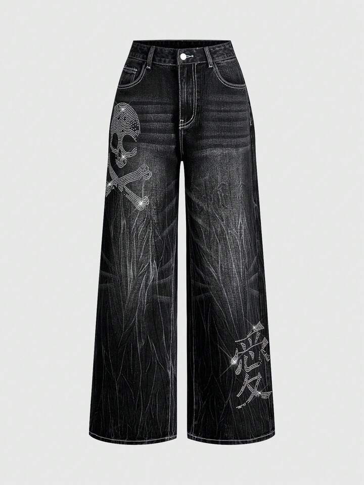 EDITION Retro Edgy Street Style Skull Rhinestone Embellished Loose Women Jeans