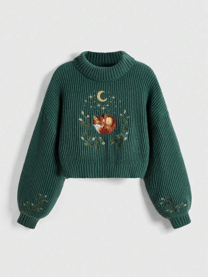 Fairycore Women's Casual Fox Embroidered Mock Neck Cropped Sweater, Autumn/Winter