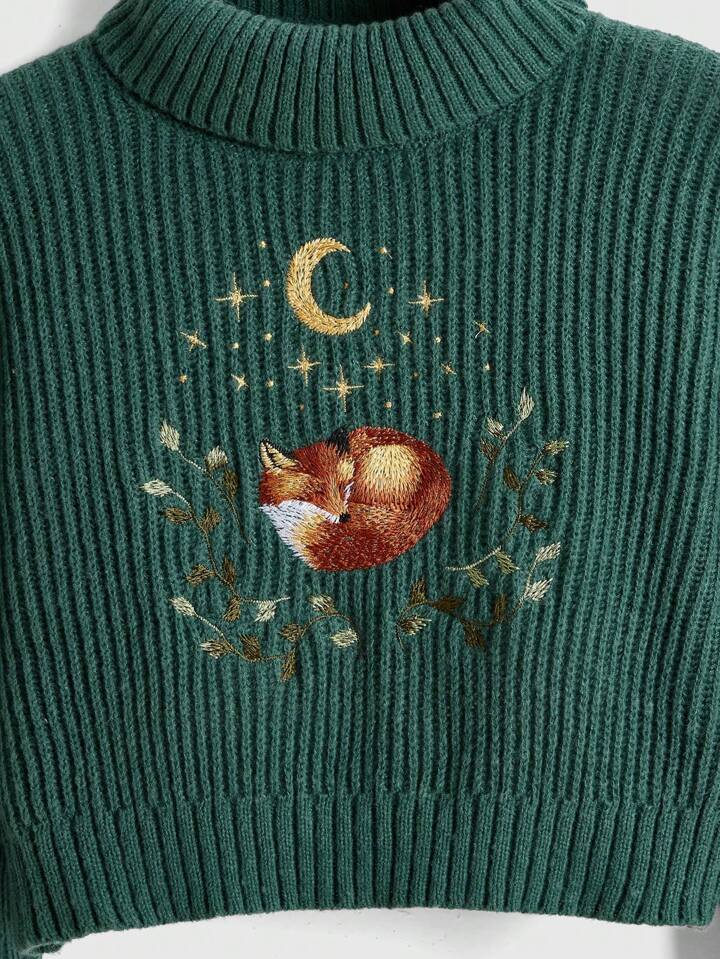 Fairycore Women's Casual Fox Embroidered Mock Neck Cropped Sweater, Autumn/Winter