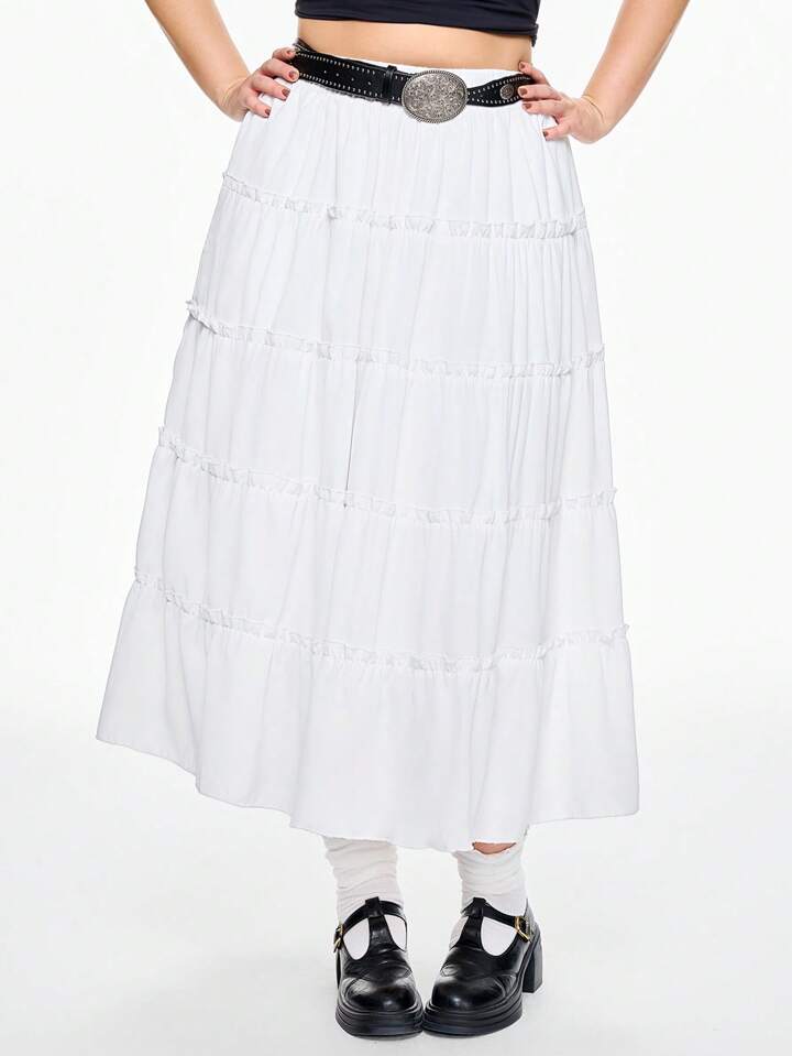 Kawaii Plus Size Renaissance Summer Skirt For Women, Vacation Pockets Rivet Belt Layered Skirt
