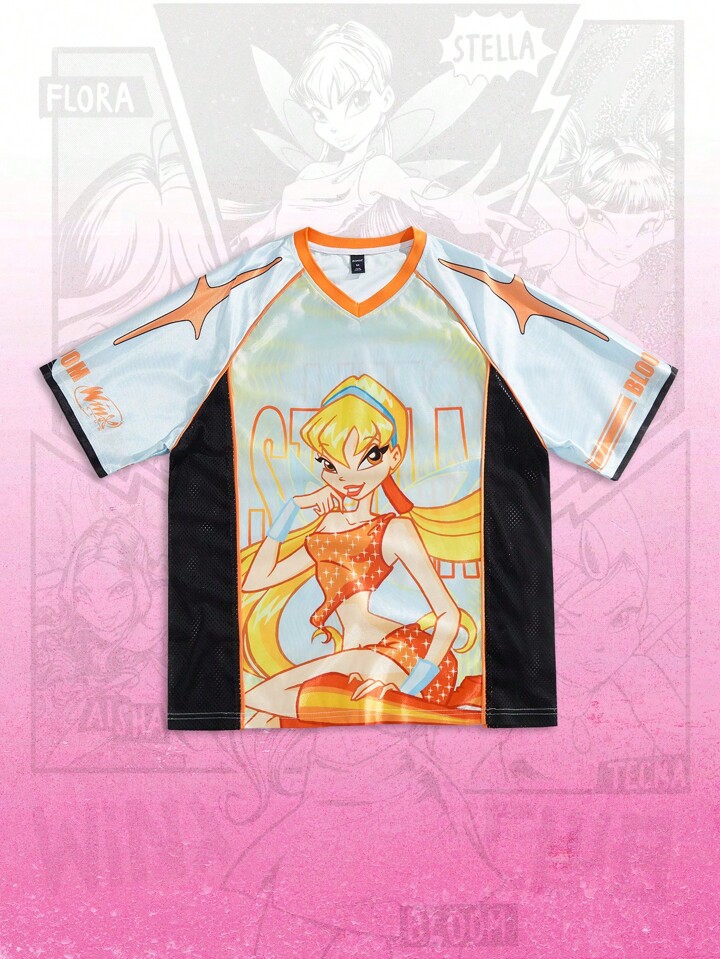 Winx Club X ROMWE Men's Anime Jersey Colorblock V-Neck Cartoon Graphic Short Sleeve Casual T-Shirt