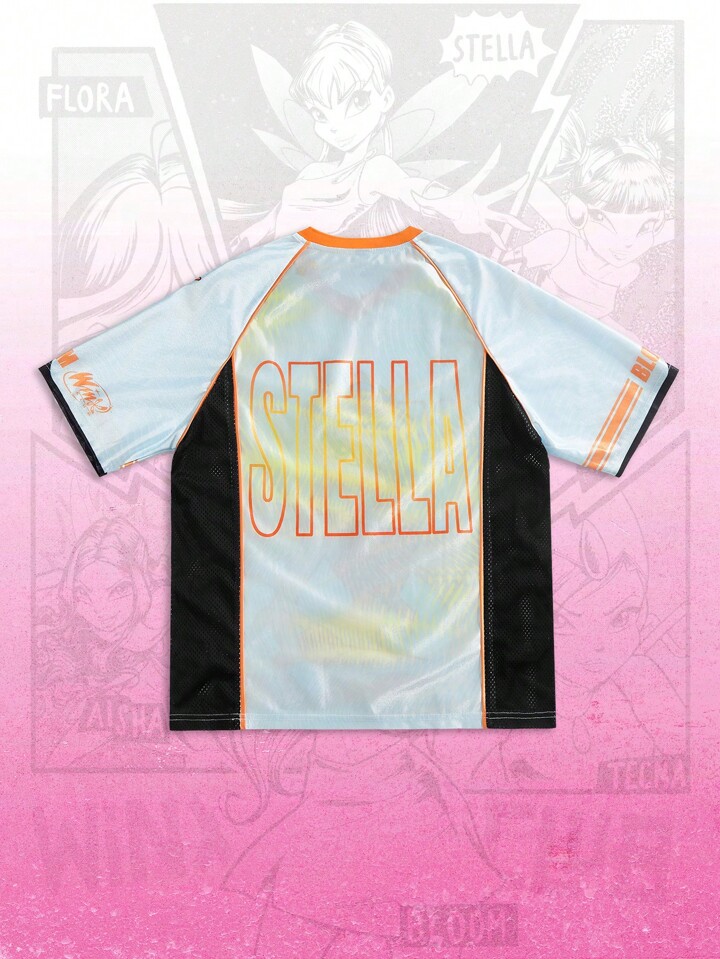 Winx Club X ROMWE Men's Anime Jersey Colorblock V-Neck Cartoon Graphic Short Sleeve Casual T-Shirt
