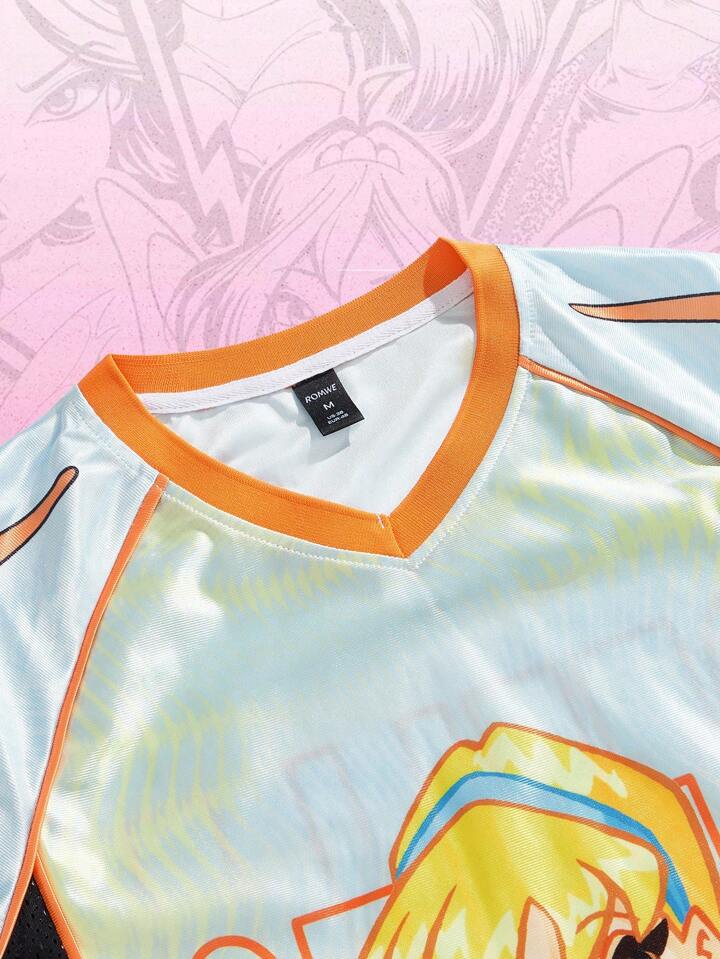 Winx Club X ROMWE Men's Anime Jersey Colorblock V-Neck Cartoon Graphic Short Sleeve Casual T-Shirt