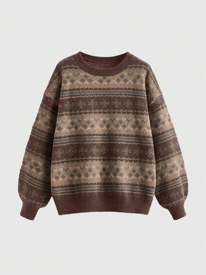 Fairycore Plus Size Casual Vintage Loose Fit Crew Neck Plus Size Sweater, Autumn/Winter
