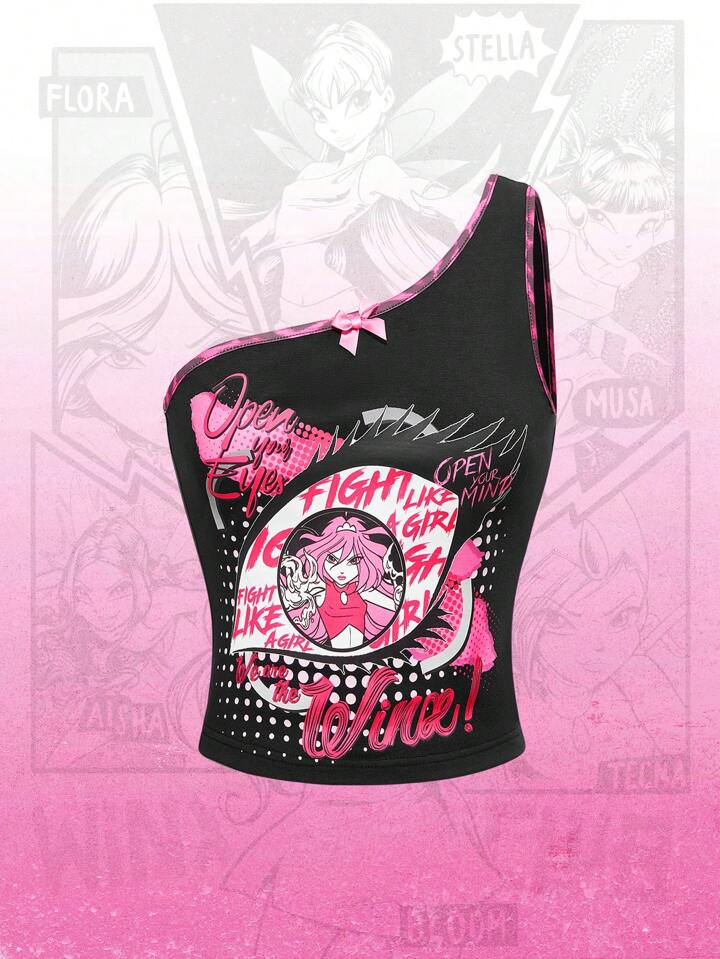 Winx Club X ROMWE Women's Leopard Patchwork Portrait Print Bow Decor Asymmetrical Neck Tank Top