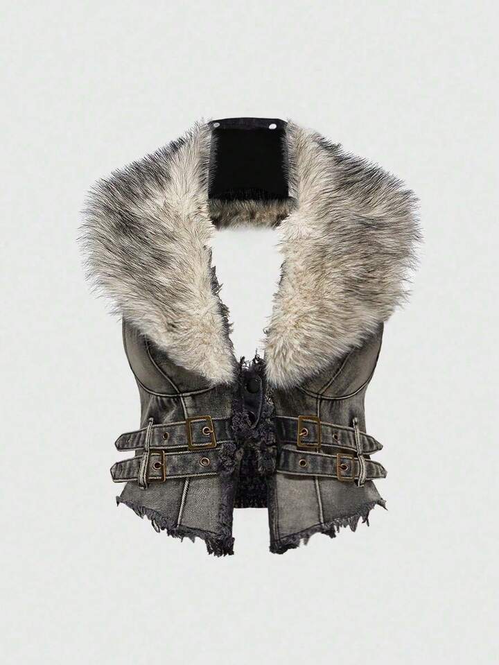 Hippie Y2K Detachable Faux Fur Collar Plus Size Women Denim Jacket, Can Also Be Worn As Tight Fitting Top