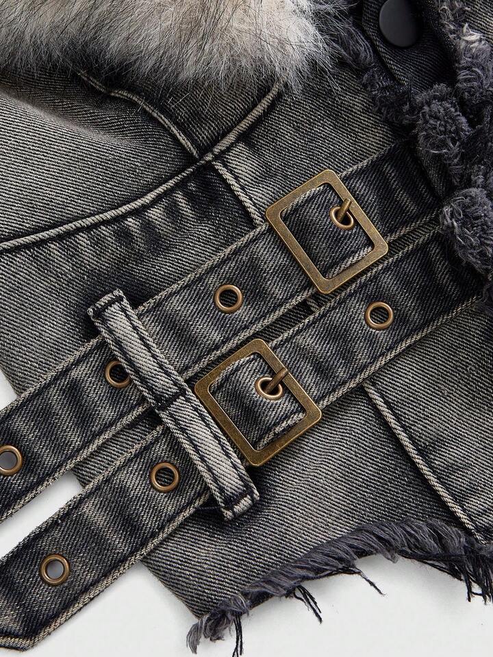 Hippie Y2K Detachable Faux Fur Collar Plus Size Women Denim Jacket, Can Also Be Worn As Tight Fitting Top
