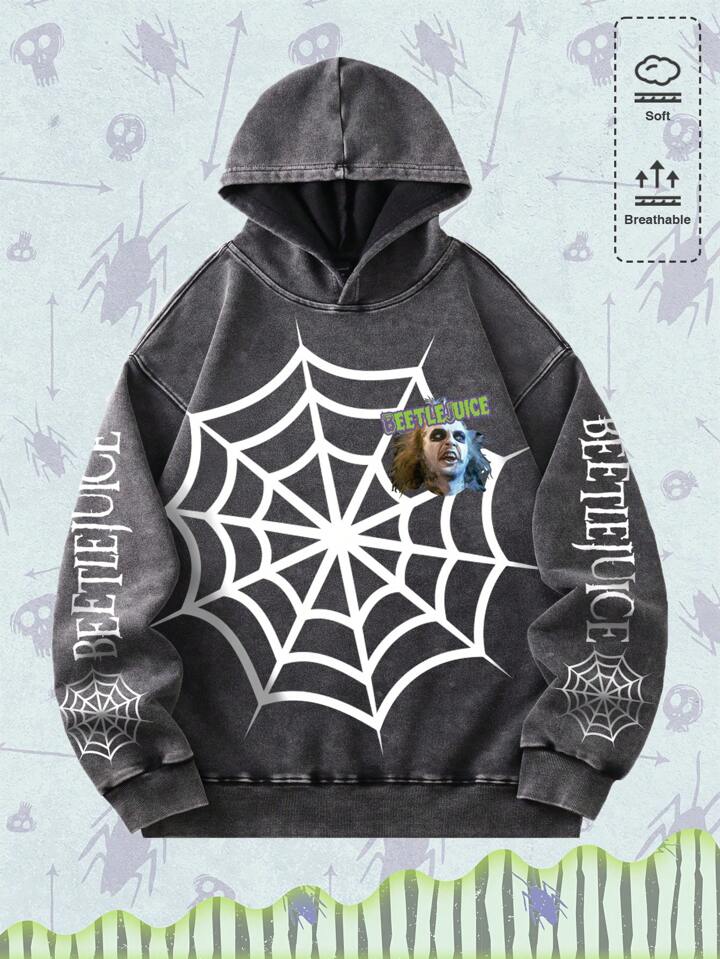 Beetlejuice | ROMWE Men Spider Web Print Oversized Cotton Hoodie With No Pockets, Halloween