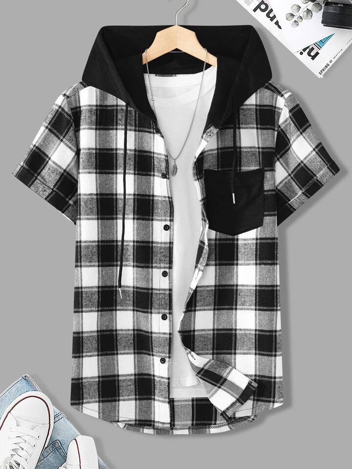 Guys Plaid Patched Pocket Drawstring Hooded Shirt Without Tee
