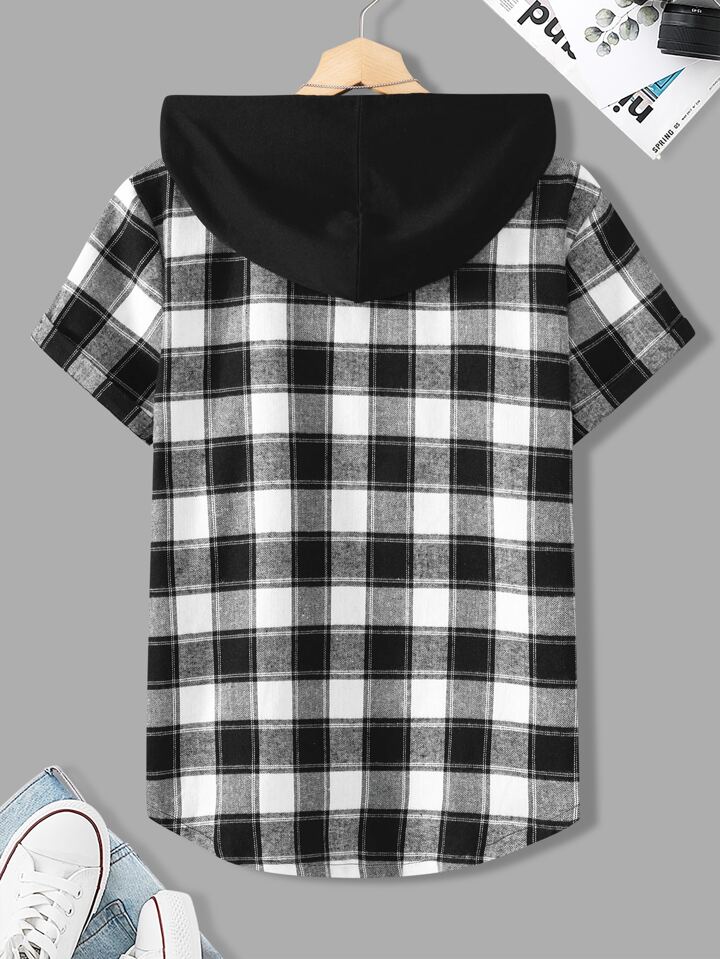 Guys Plaid Patched Pocket Drawstring Hooded Shirt Without Tee