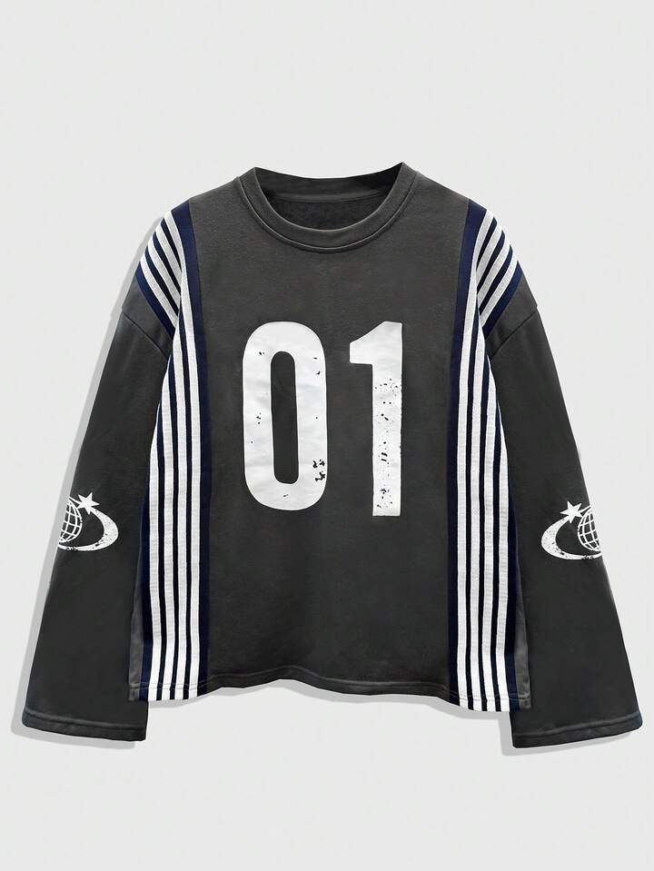 Men's Casual Numeric & Striped Print Round Neck Long Sleeve T-Shirt