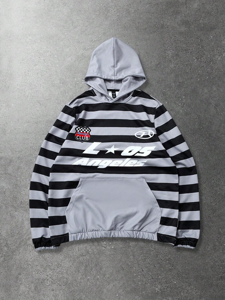 Prep Unisex Striped Patchwork English Graphic Print Hoodie, Street Style American Sweatshirt For Autumn/Winter, Long Sleeve Top
