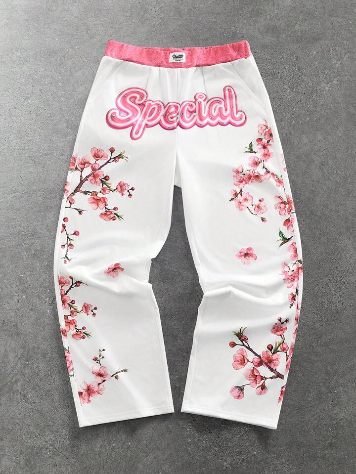 Men's Letter & Floral Print Casual Loose Fit Wide Leg Sweatpants