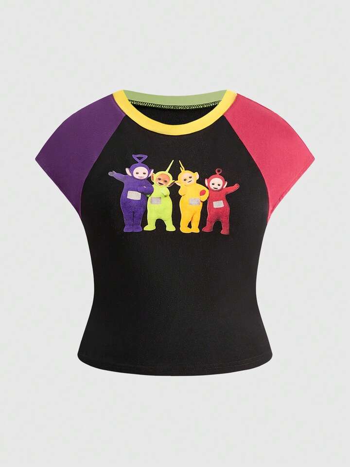Teletubbies X ROMWE Plus Size Y2K Cartoon Graphic Contrast Raglan Sleeve Cropped Tight Fit T-Shirt
