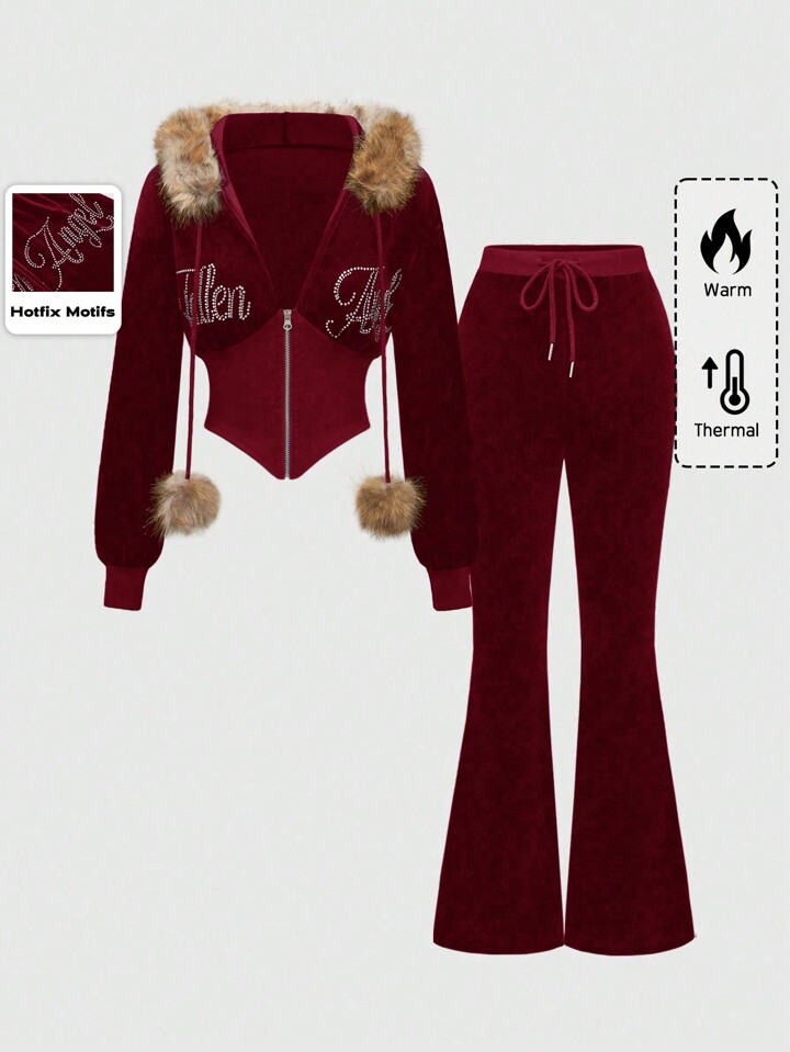 Women's Velvet Y2K Rhinestone Patchwork Hooded 2 Pieces Set With Fur Trim
