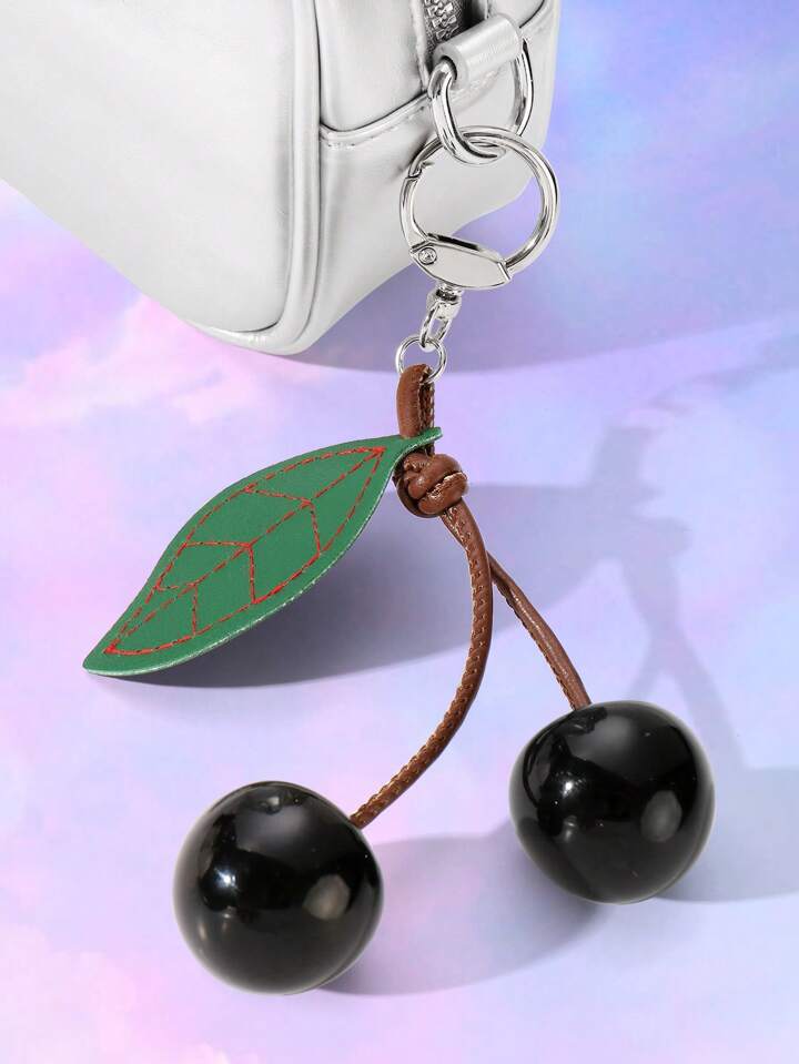 Kawaii 1pc Y2K Style Chic Dark Gothic Brown Leather Rope, Black Resin Cherry Leaf Decorative Keychain, DIY Accessory Suitable For Women, Daily Wear Or Gift, Halloween