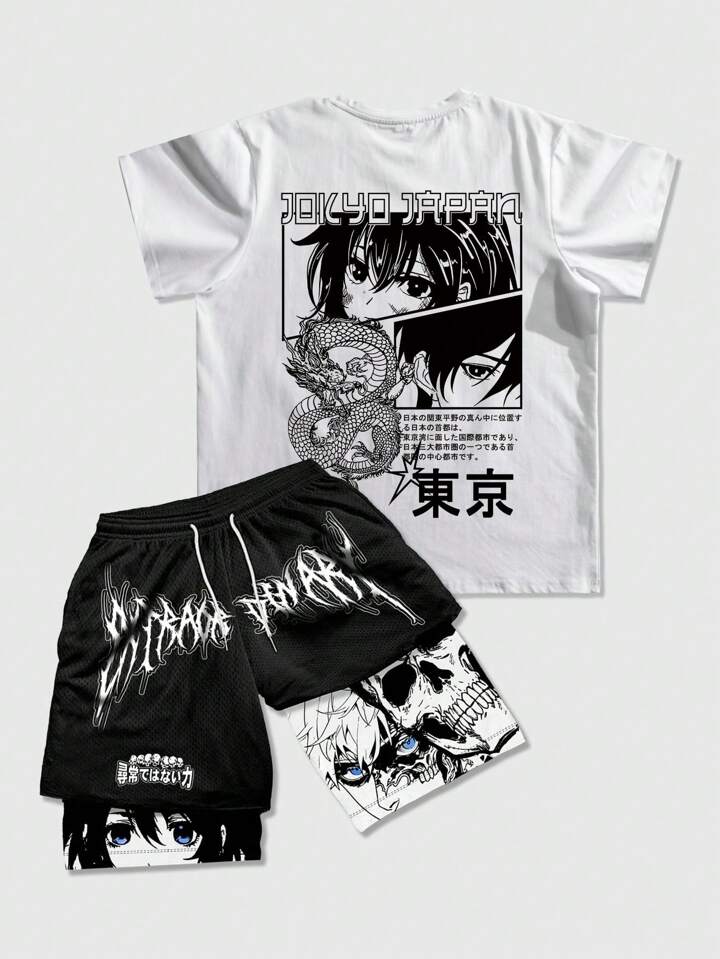 2pcs Men Two-Piece Anime Character Print Short Sleeve T-Shirt And Shorts Set, Suitable For Spring/Summer