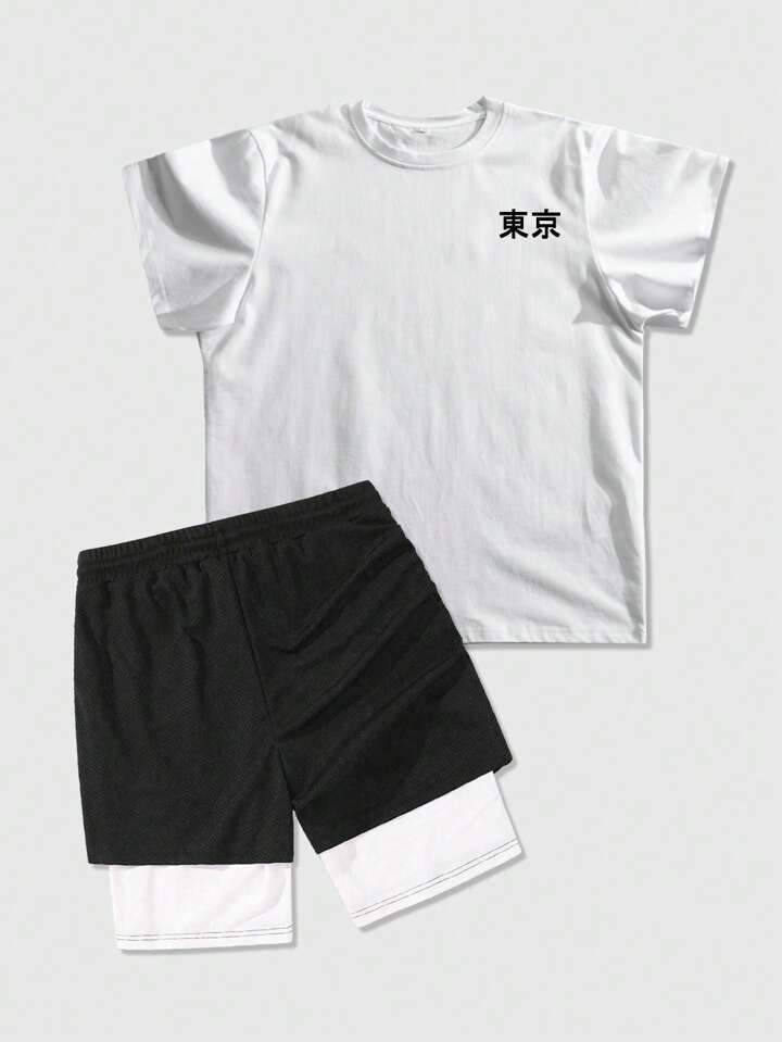 2pcs Men Two-Piece Anime Character Print Short Sleeve T-Shirt And Shorts Set, Suitable For Spring/Summer