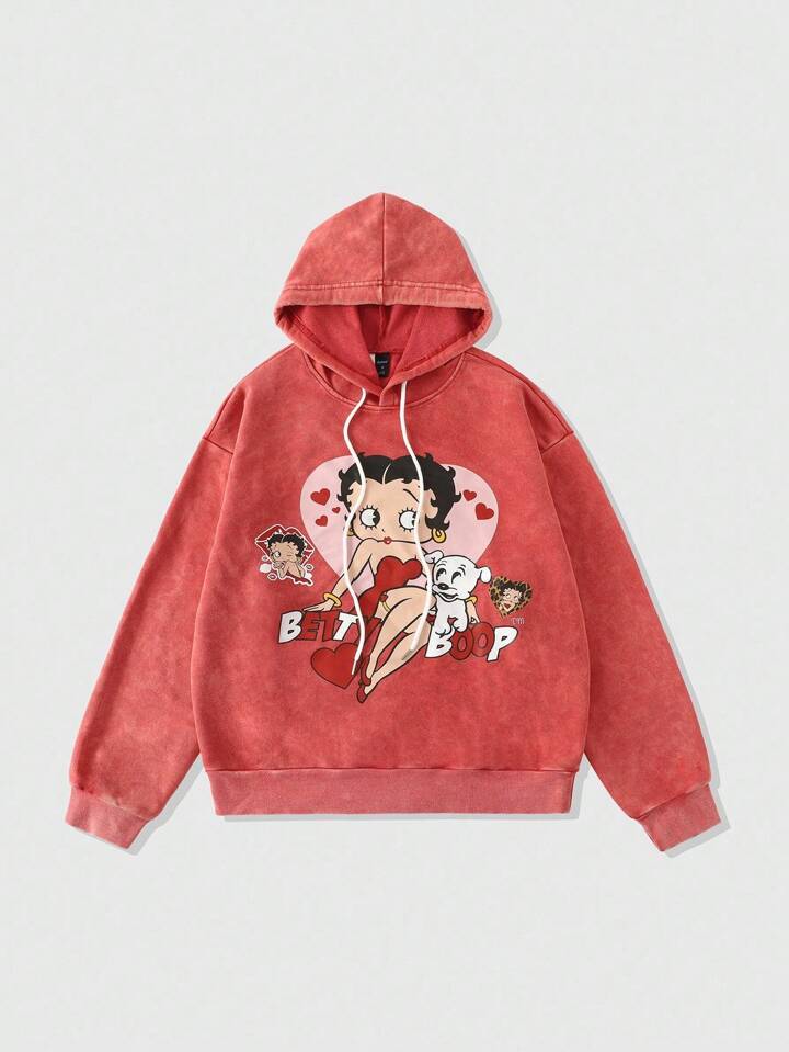 Betty Boop | ROMWE Men Cartoon Figure Graphic Hooded Long Sleeve Pullover Sweatshirt, Fall
