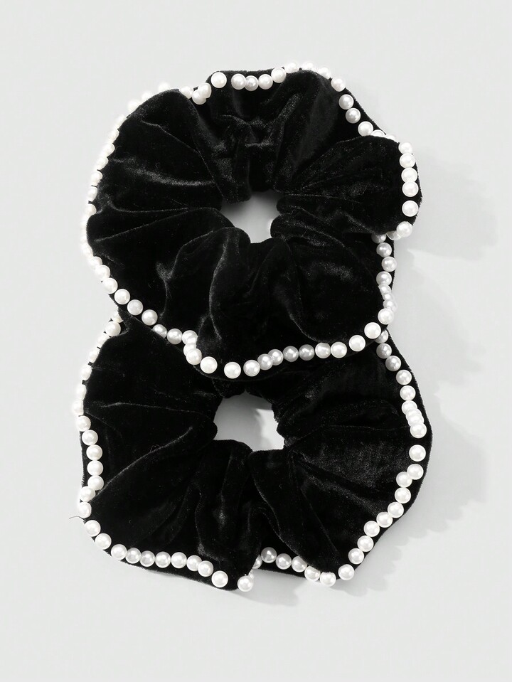 Kawaii 2pcs Gothic Style White Faux Pearl & Black Elegant Hair Scrunchies, Fashionable & Casual For Women, Suitable For Daily Wear And Gifts