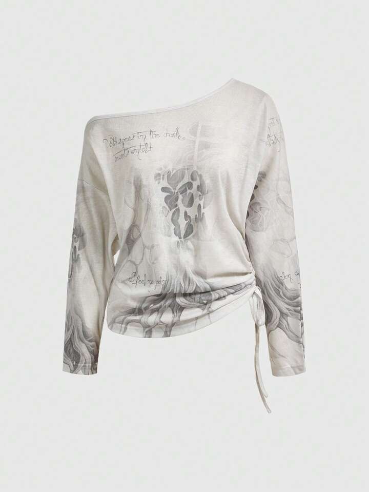 Grunge Punk Y3K Abstract Print Oblique Shoulder Side Drawstring Long Sleeve Top