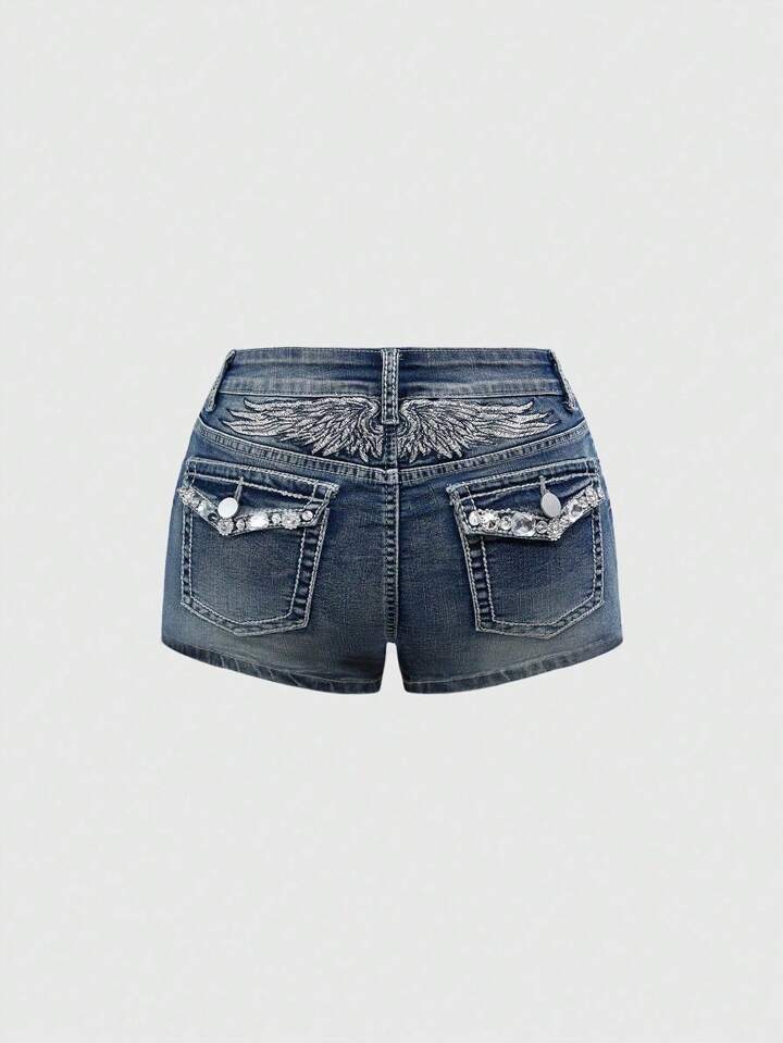 Grunge Punk Y2K Style Rhinestone Decor Wing Embroidery Low Rise Low Waist Shorts