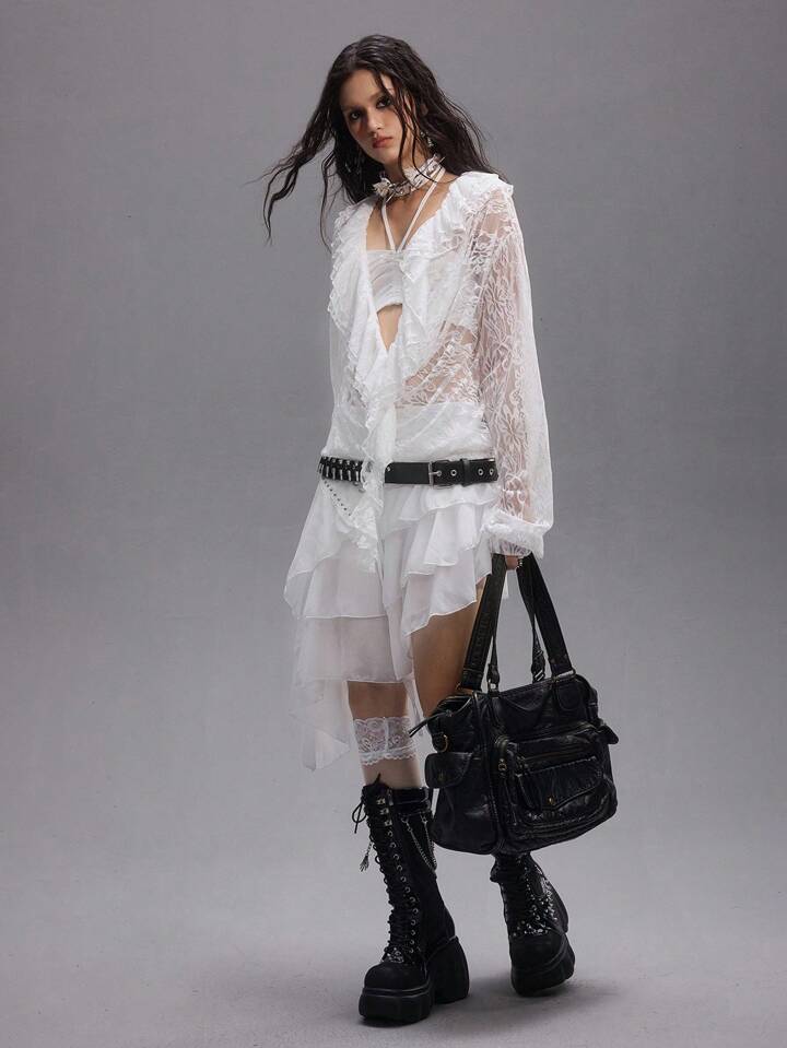 EDITION Romantic Punk Deep Draped Neck Lace Sheer Women's Blouse