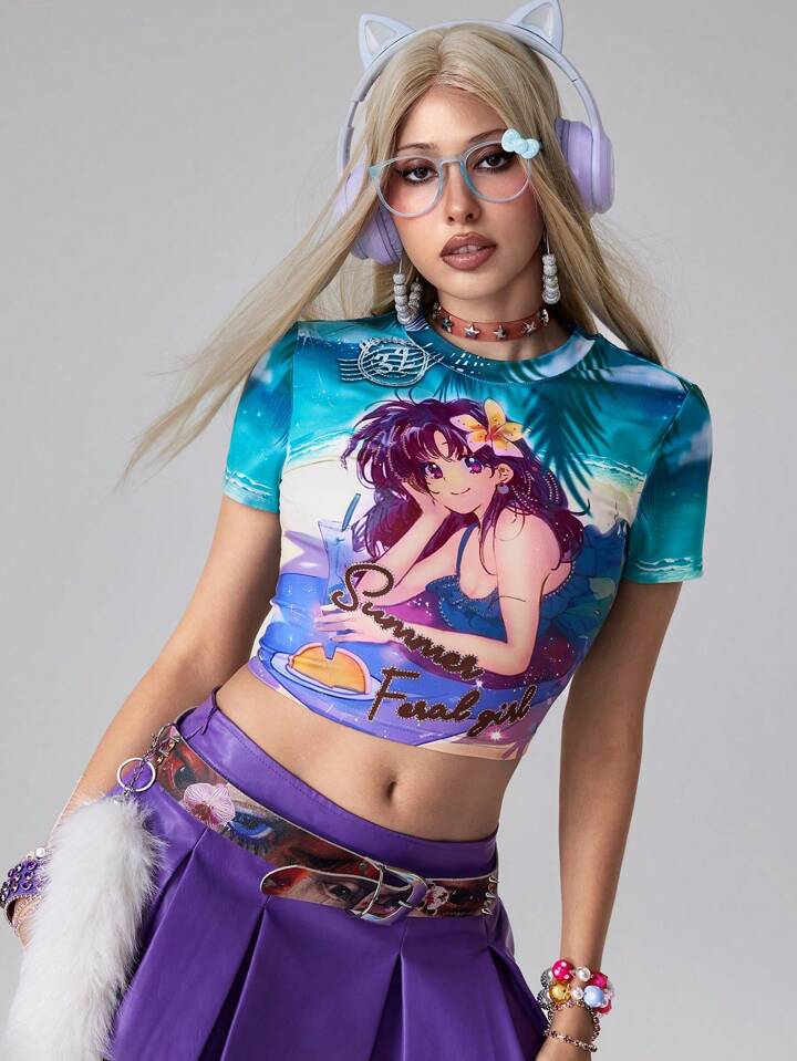 Women's Anime Character Print With Rhinestones Fitted T-Shirt