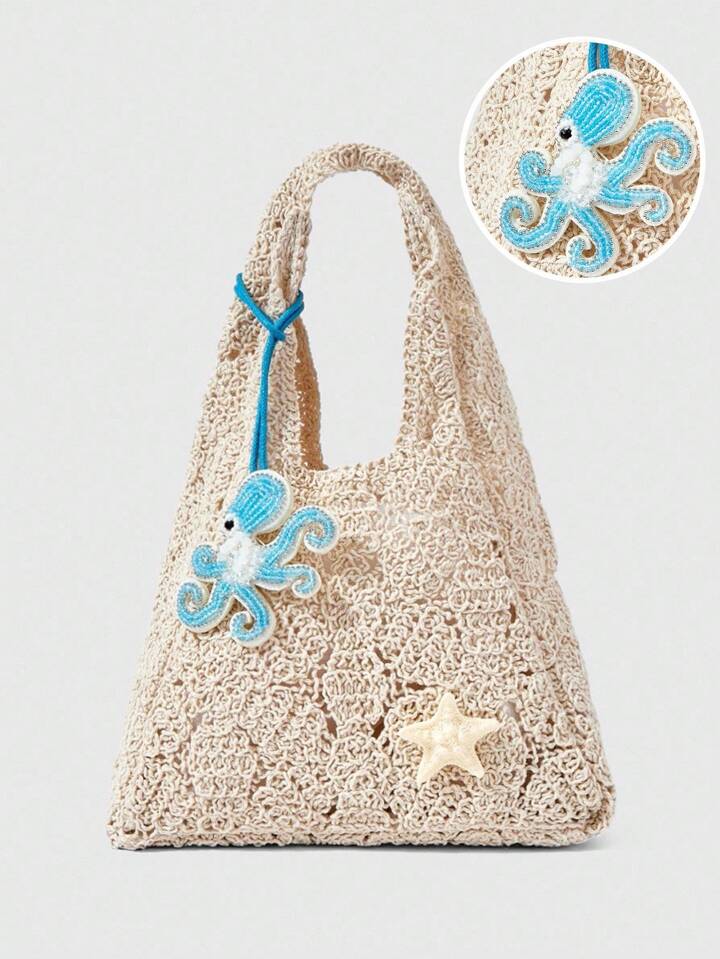 Fairycore 1pc Women's Bohemian Style Beach Bag, Hollow Woven Net Hand Carry Vacation Decor