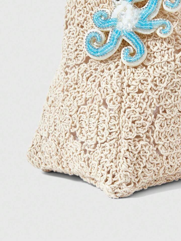 Fairycore 1pc Women's Bohemian Style Beach Bag, Hollow Woven Net Hand Carry Vacation Decor