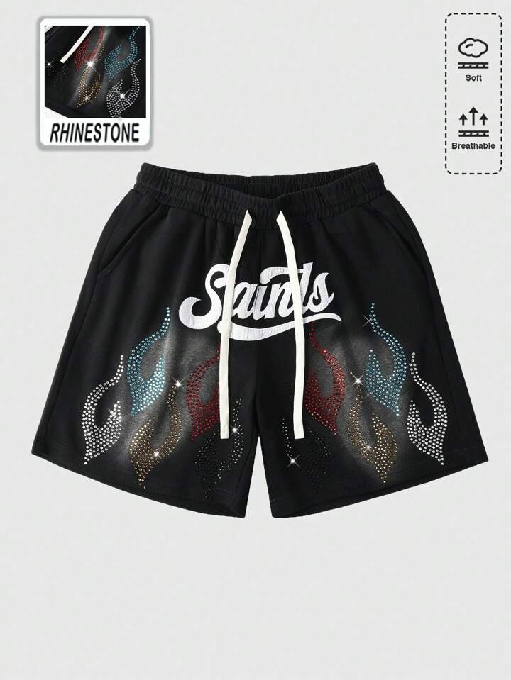 Men's Street Life Distressed Flame & Diamond Print Loose Shorts