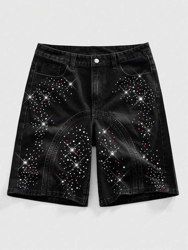 Men's Fashionable Black Personalized Rhinestone Denim Shorts