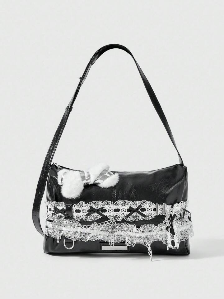 Goth Fashionable & Elegant Contrast Color Double Lace Crossbody Shoulder Bag
