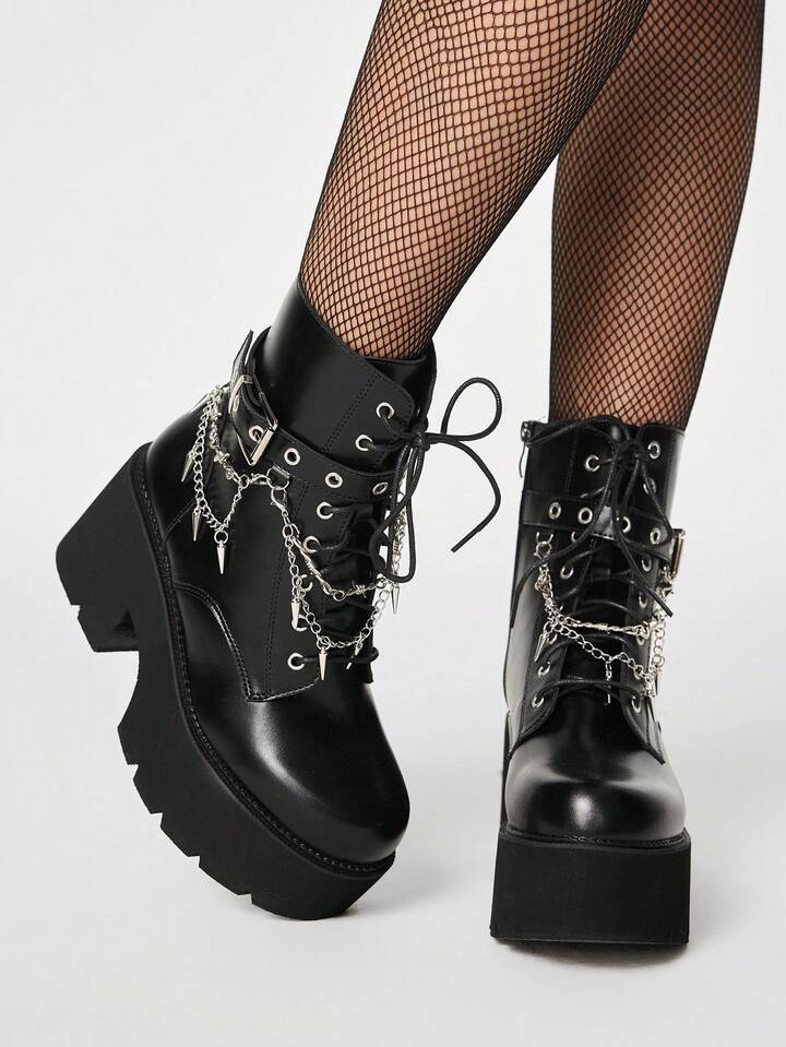Women's Dark Punk Style Platform Chunky Heel Ankle Boots, Gothic Y2K Metal Stud Pendant Thorn Chain Decorative Buckle Strap, Nightclub Party And Festival Wedge Heel Lace-Up Side Zipper Ankle Boots, Comfortable Combat Boots, Halloween Valentine's Day
