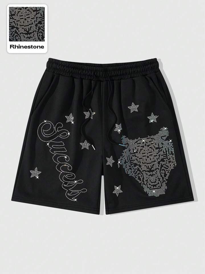 Men's Street Life Drawstring Waist Letter & Lion Sparkling Rhinestone Decor Loose Shorts