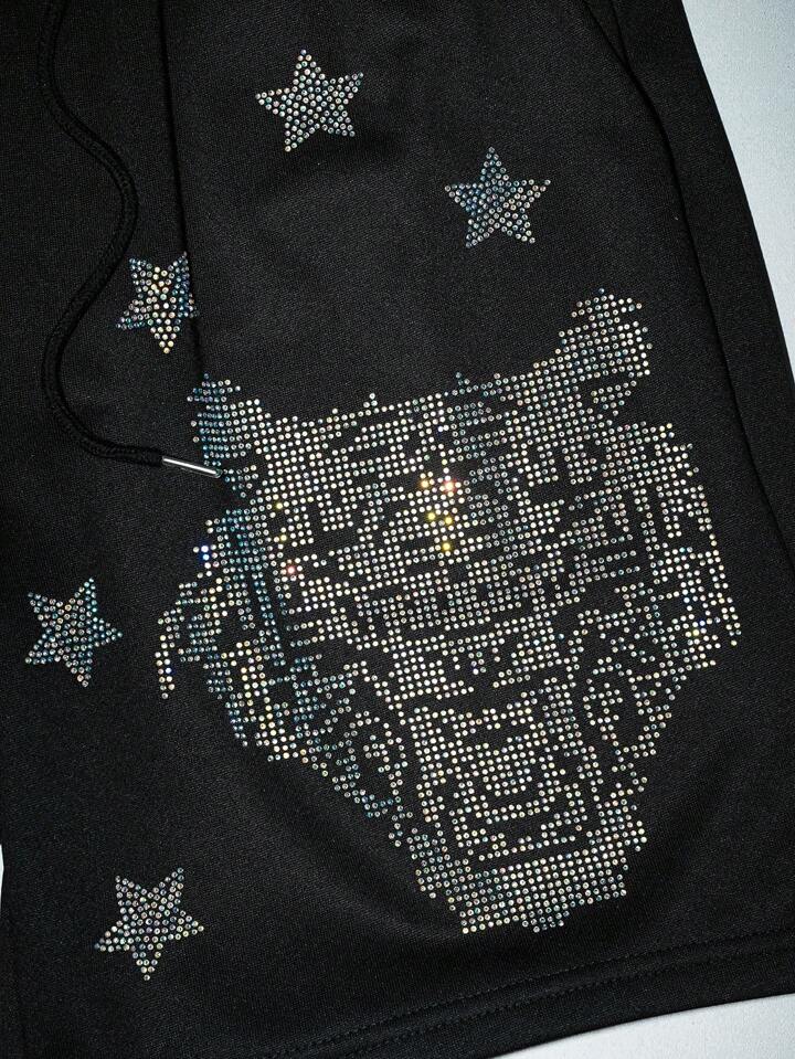 Men's Street Life Drawstring Waist Letter & Lion Sparkling Rhinestone Decor Loose Shorts