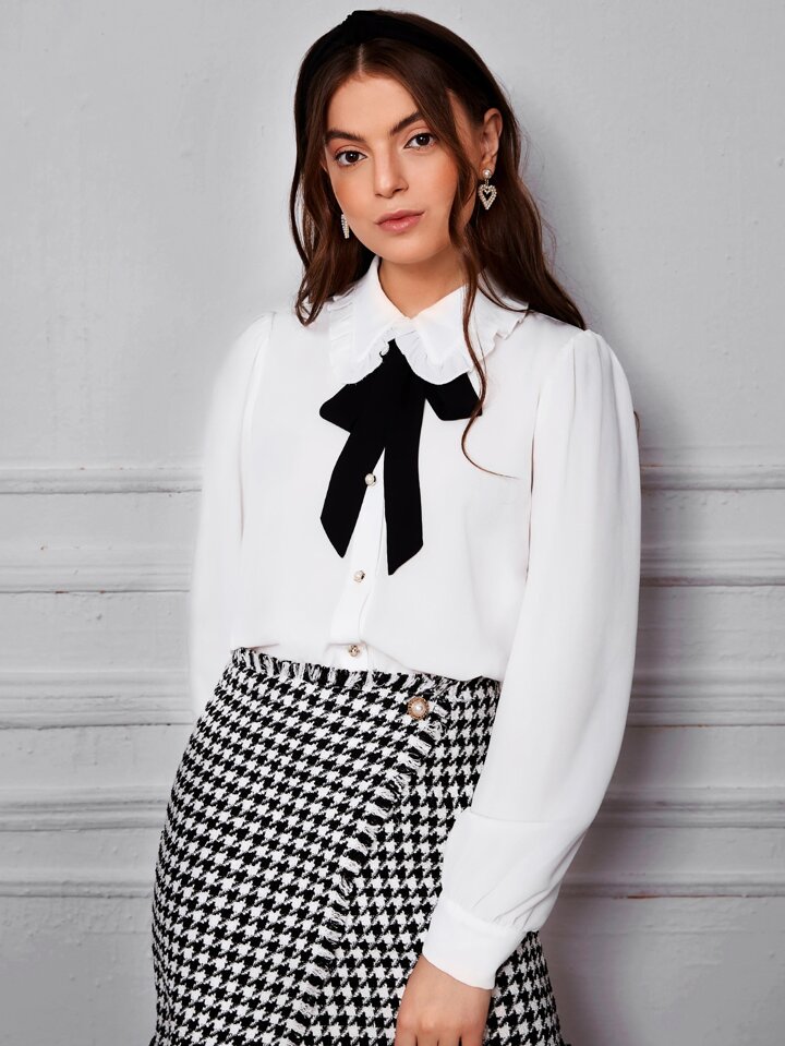 Women's Peter Pan Collar Puff Sleeve Button-Up Long Sleeve Casual Blouse, Elegant For Work And Commute, Autumn