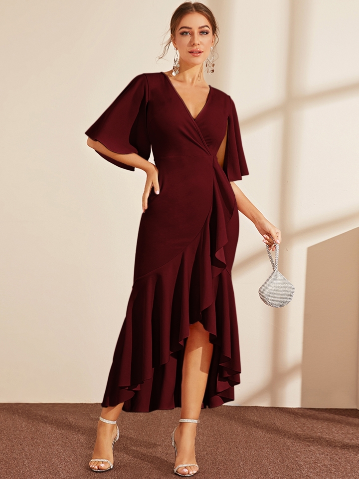 Cape Sleeve Ruffle Trim Asymmetrical Hem Wrap Dress