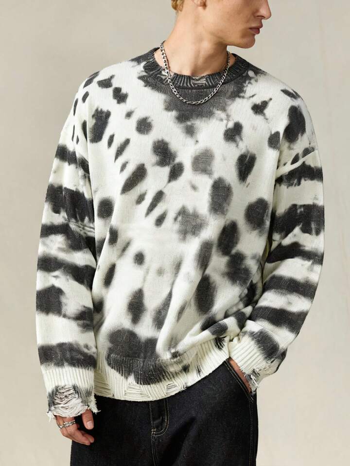 Street Life Men's V-Neck Dropped Shoulder Long Sleeve Loose Dye Sweater, Autumn/Winter