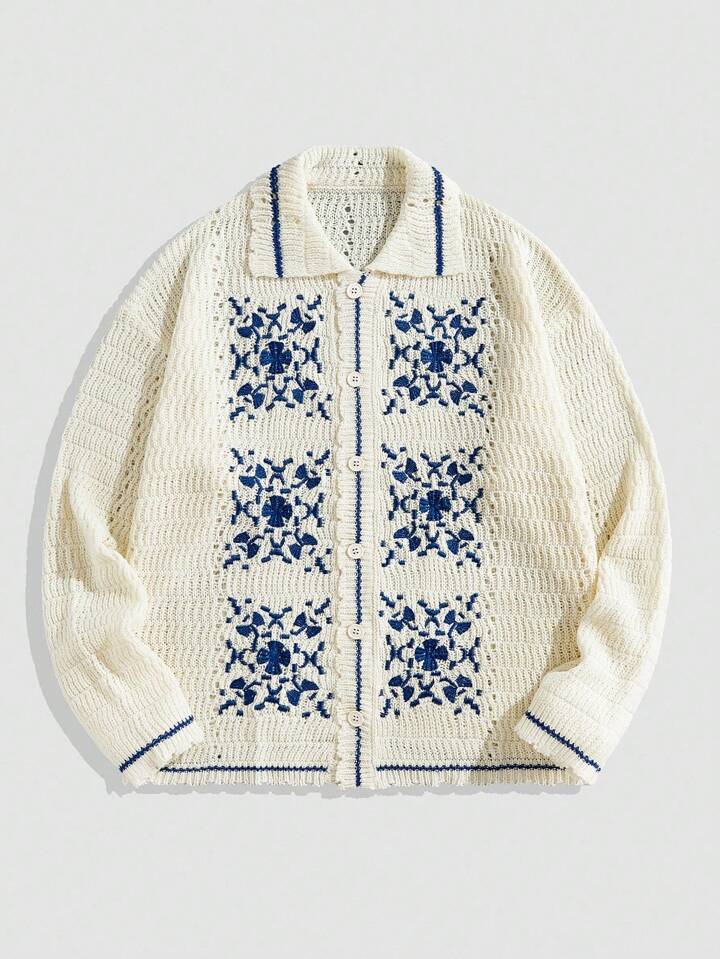 Casual Men's Embroidered Pattern Knitted Long Sleeve Cardigan Sweater