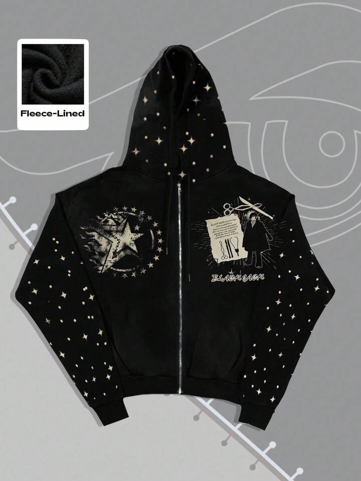 Black Jack X ROMWE Men's Casual Star Print Zip-Up Hooded Sweatshirt, Autumn