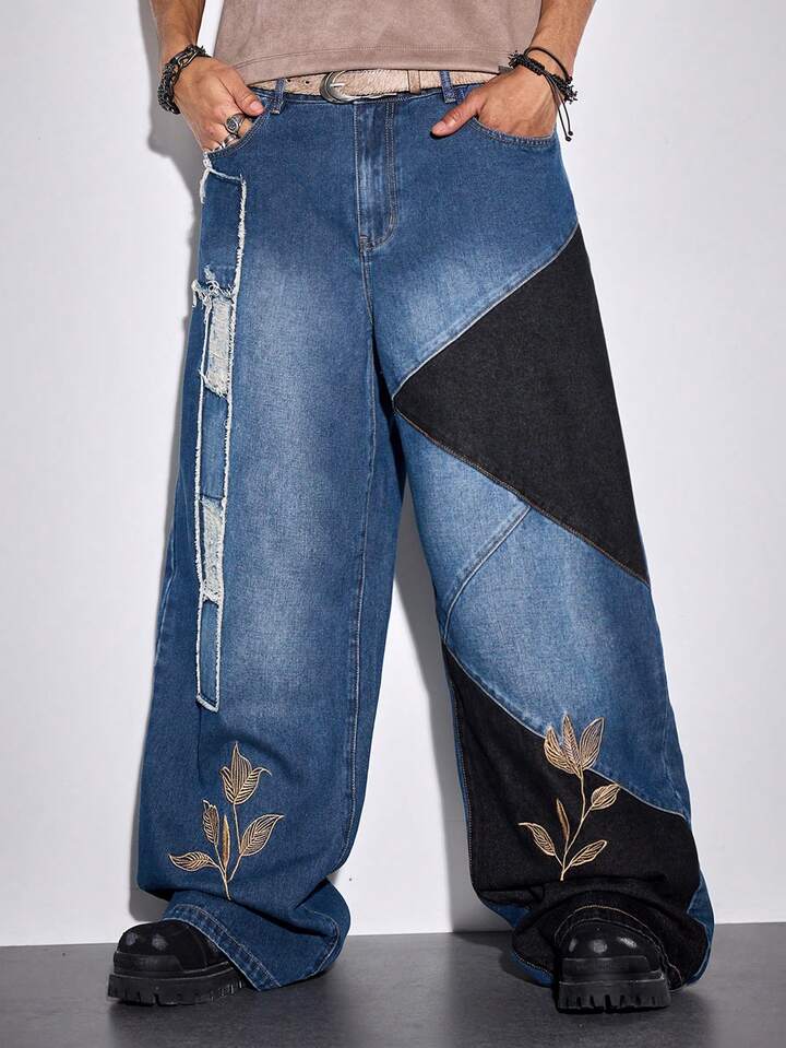 Street Life Men's Floral Embroidered Pocket Distressed Wide Leg Loose Casual Jeans