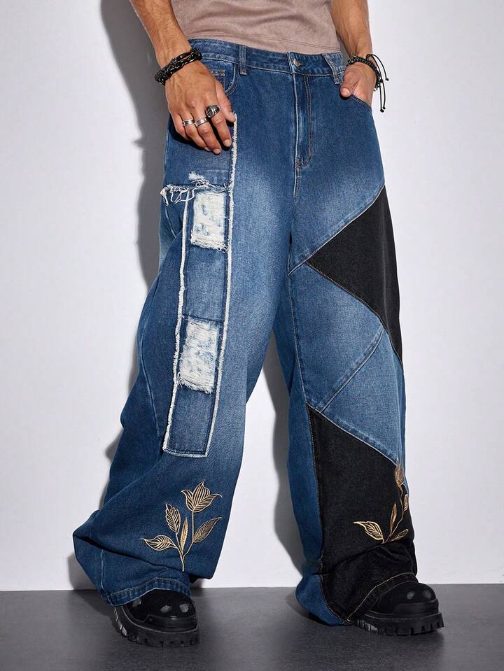 Street Life Men's Floral Embroidered Pocket Distressed Wide Leg Loose Casual Jeans 5 Street Life Men's Floral Embroidered Pocket Distressed Wide Leg Loose Casual Jeans