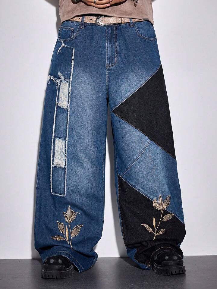 Street Life Men's Floral Embroidered Pocket Distressed Wide Leg Loose Casual Jeans 6 Street Life Men's Floral Embroidered Pocket Distressed Wide Leg Loose Casual Jeans
