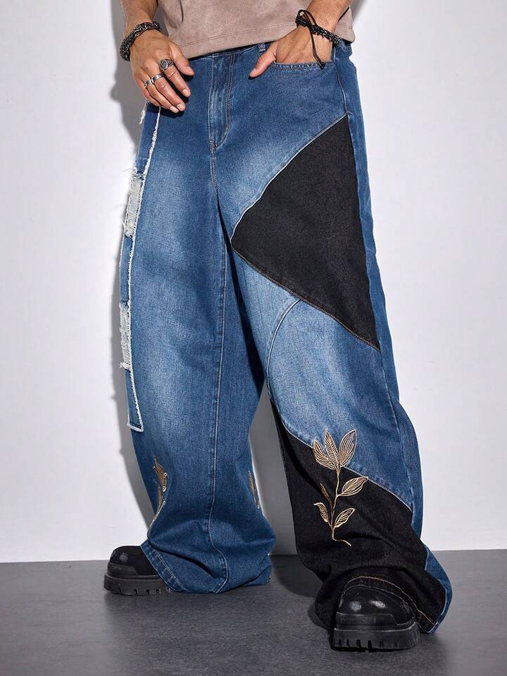 Street Life Men's Floral Embroidered Pocket Distressed Wide Leg Loose Casual Jeans 7 Street Life Men's Floral Embroidered Pocket Distressed Wide Leg Loose Casual Jeans
