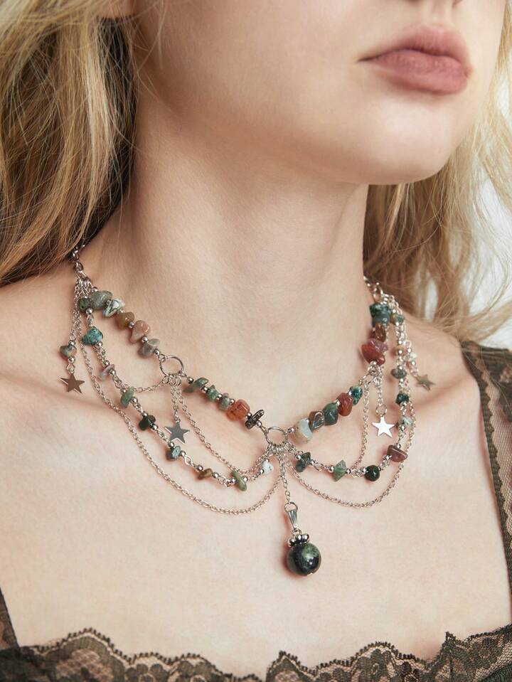 Fairycore 1pc Fashion Zinc Alloy Star & Bead Decor Necklace For Women For Daily Decoration