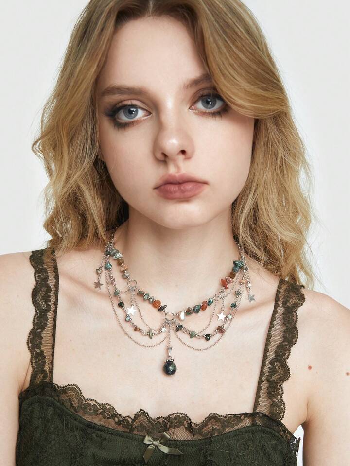 Fairycore 1pc Fashion Zinc Alloy Star & Bead Decor Necklace For Women For Daily Decoration