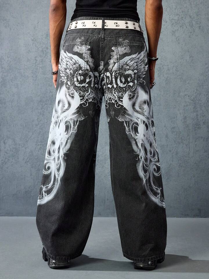 Street Life Men's Letter & Wing Graphic Wide Leg Casual Loose Fit Jeans, Street Fashion