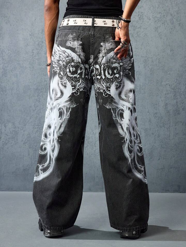 Street Life Men's Letter & Wing Graphic Wide Leg Casual Loose Fit Jeans, Street Fashion 3 Street Life Men's Letter & Wing Graphic Wide Leg Casual Loose Fit Jeans, Street Fashion